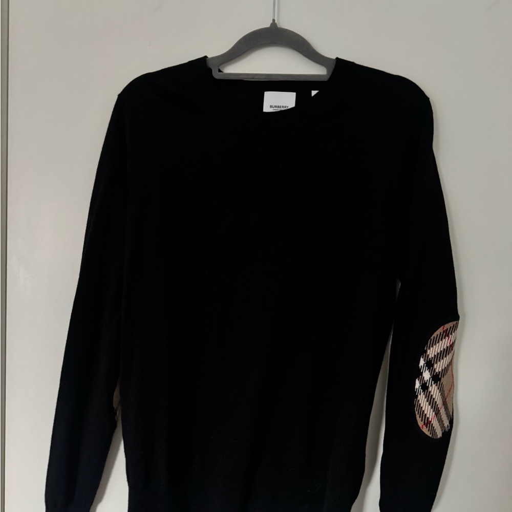 Black Marino Wool Sweater with Classic Plaid Elbow Patches